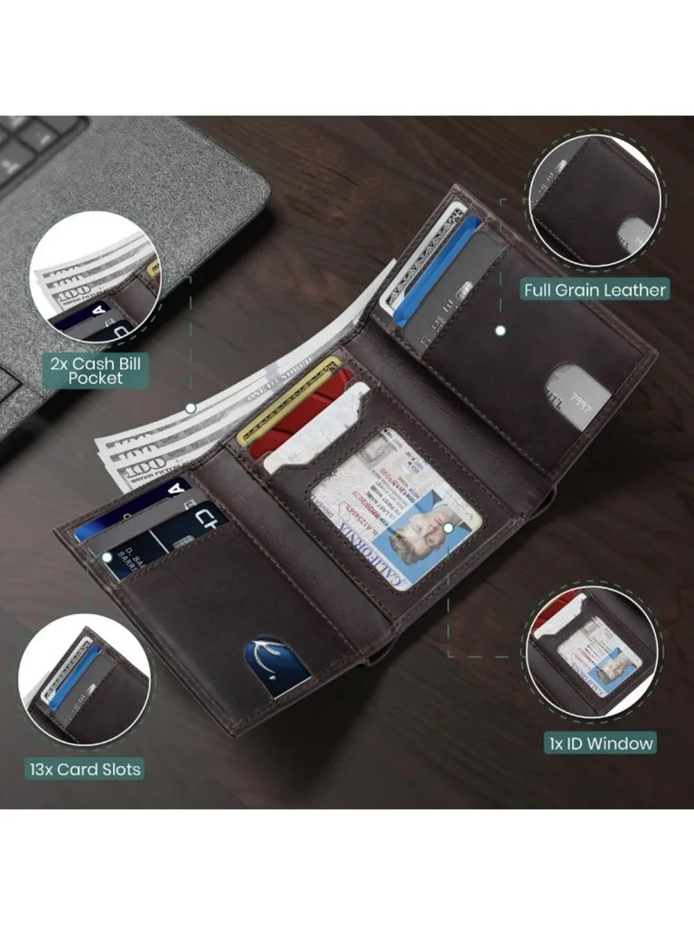 Slim RFID Blocking Leather Trifold Wallet for Men - 11 Card Slots, ID Window